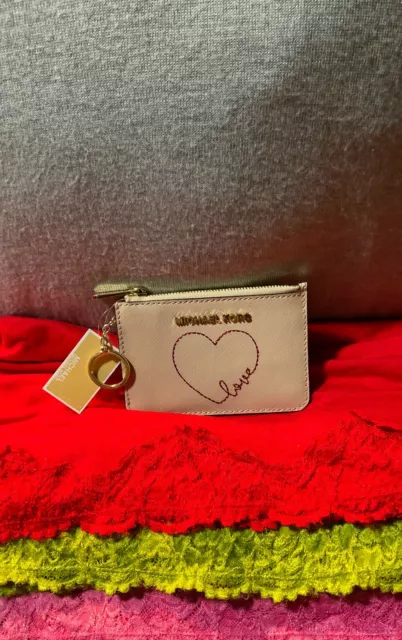MICHAEL KORS Pink & Red Saffiano Leather Heart Jet Set Zip Wallet