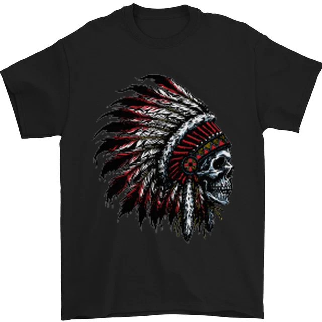 Indian Skull Headdress Biker Motorcycle Mens T-Shirt 100% Cotton