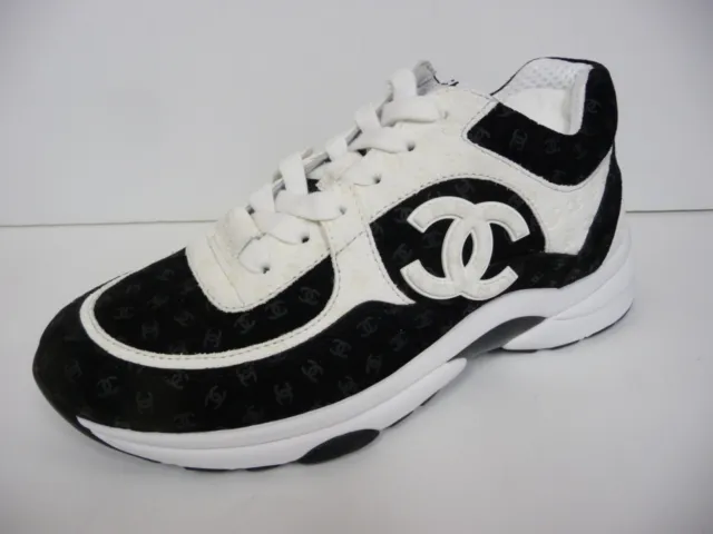 Chanel 22A Black White Suede Printed CC Logo Flat Runner Trainer Sneaker  36.5