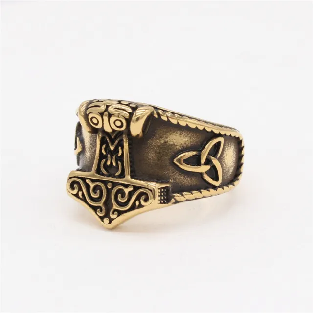 Mens Stainless Steel Norse Viking Thor's Hammer Wolf Head Ring Warrior's Gothic