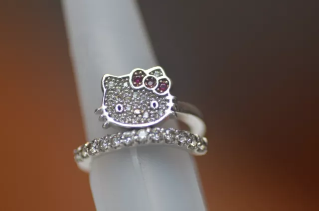 Sterling Silver Hello Kitty Diamonique CZ Stones Wrap Ring Size 4.5 Adjustable