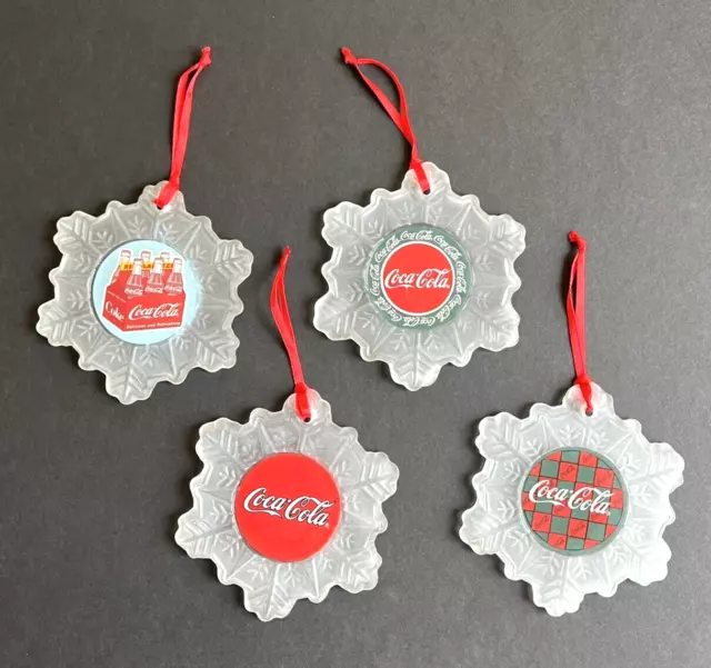 Vintage Coca Cola Snowflakes Frosted Glass Christmas Ornaments Set of 4