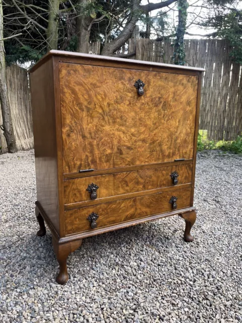 Antique Art Deco Queen Anne Burr Walnut Music Record Cabinet Cupboard Drawers