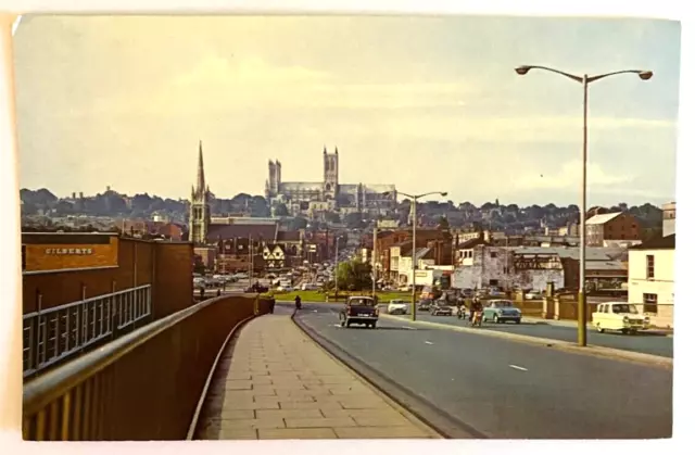 The Cathedral from Pelham Bridge, Lincoln postcard 1960s with Robin Reliant