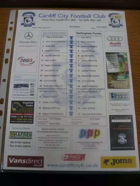 31/01/2009 Colour Teamsheet: Cardiff City v Nottingham Forest