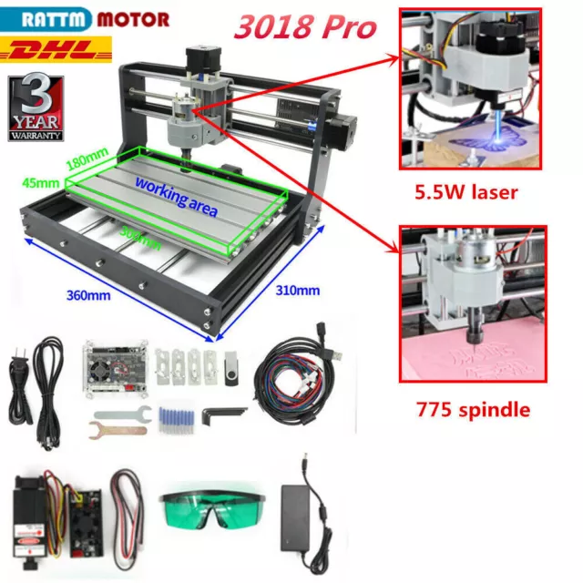 〖EU〗 GRBL 3018 Pro CNC Router Mini Milling Machine 5.5W Laser Engraving Wood Pcb