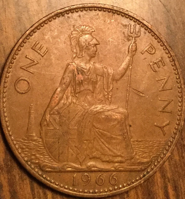 1966 Uk Gb Great Britain One Penny Coin