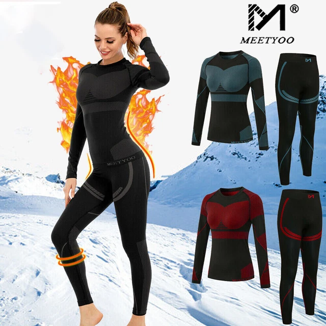 2PCS Set Women Thermal Underwear Set Long John Fleece Lined Top Bottom Baselayer