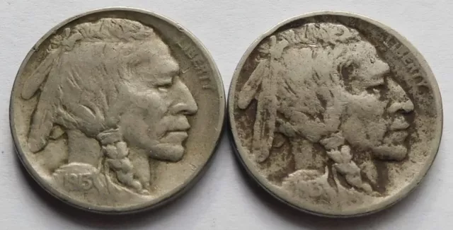 Two 1913-P Buffalo Nickels Type 1 + Type 2 - Fines, Two Better Date 5 Cents 5C