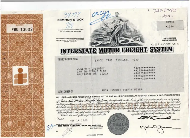 Interstate Motor Freight System, 1980, VF minus, s. writng on stock