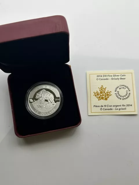 2014 Canada $10 "O Canada" Grizzly Bear Silver Proof Coin In Box