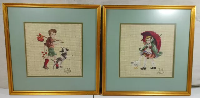 Boy Play with Dog Girl Walk with Umbrella Wall Hanging Frame Needlepoint Set 2
