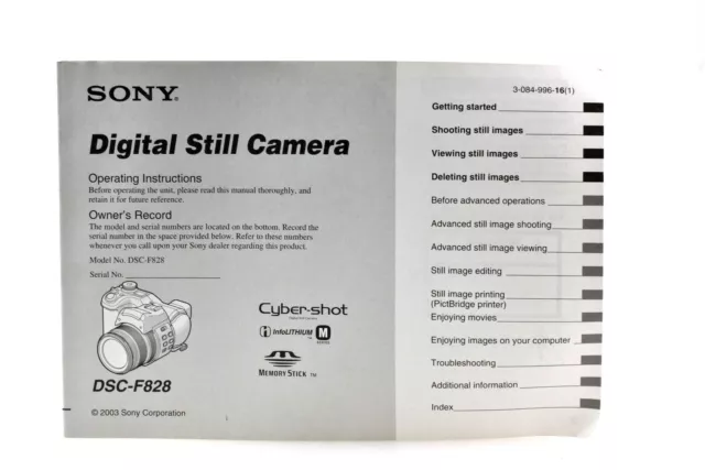 Sony Numérique Still Caméra Manœuvre Instructions Propriétaires Record DSC-F828