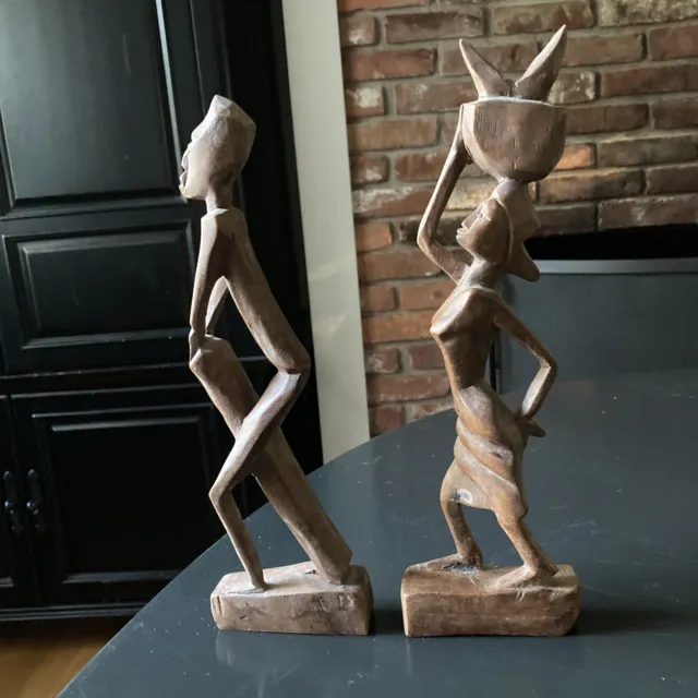 VTG WOOD SCULPTURE PAIR AFRICAN Male Drummer & Woman Merchant Signed FITO