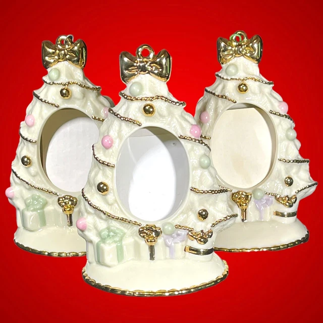 Xmas Tree Photo Frame Ornament Lot 3 Lenox Porcelain 24kt Gold Accent Bow Topper