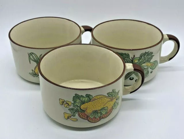 Set of Three Retro 70's Style Large Ceramic Vegetable Design Soup Bowls/Mugs