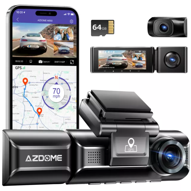 AZDOME M550 3 Channel Dash Cam 1440P+1080P+1080P Front Inside Rear WiFi GPS+64GB