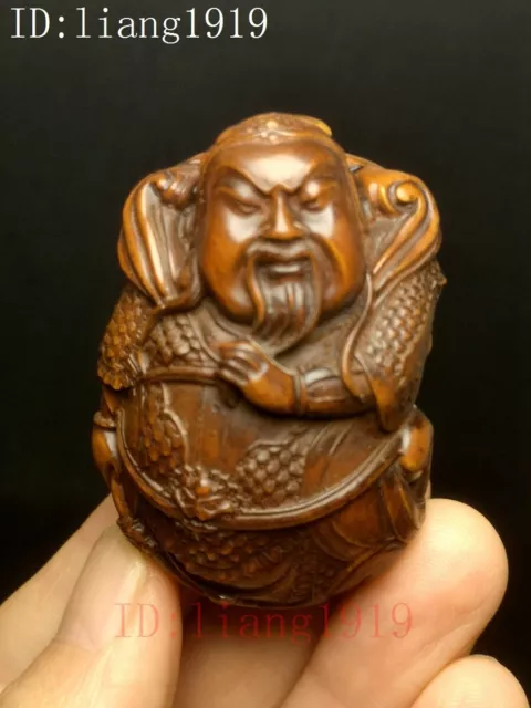 Old Chinese boxwood hand carved Guan Yu wealth statue netsuke table decoration
