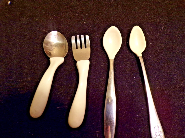 Vintage Baby Infant Fork Spoon Stainless Steel w Plastic Grips