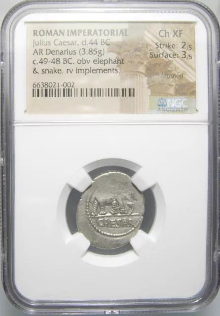 Julius Caesar AR Denarius (49-48 BC), Elephant, Certified NGC Ch XF