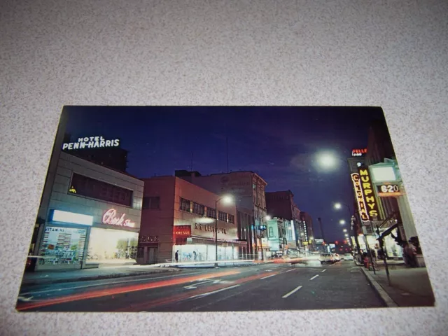 1960s STREET-SCENE at NIGHT, DOWNTOWN HARRISBURG PA. VTG POSTCARD