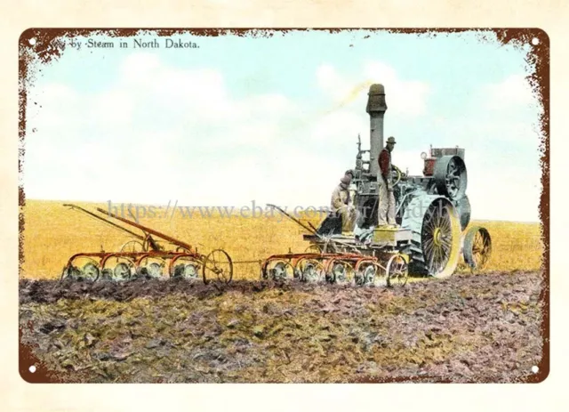 1910s Plowing by Steam ND Farm Tractor Machinery metal tin sign wall art