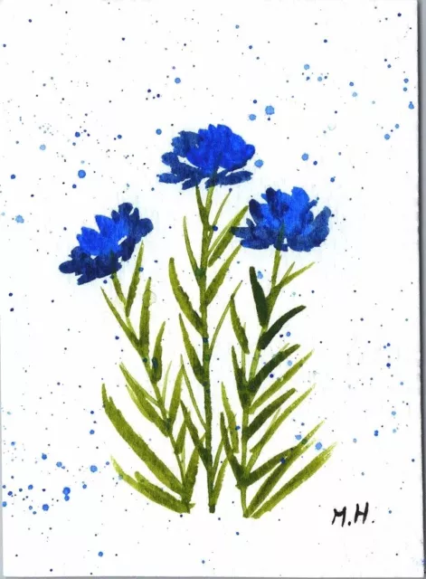 ORIGINAL Aquarellgemälde ACEO 2 blaue Blume Orchideen Lilie Mohn 89x64mm Schild