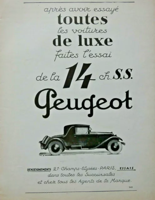 Publicité De Presse 1926 Voitures De Luxe La 14 Ch.s.s. Peugeot