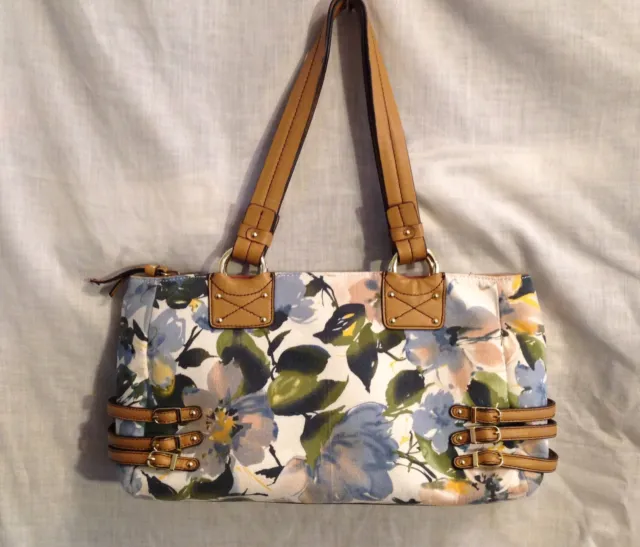 ETIENNE AIGNER Handbag Floral Canvas w/ Brown Leather Trim 14" X 8.5" X 4"