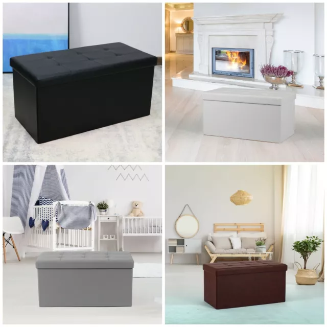 Large 2 Seater Double Ottoman Foldable Storage Box Foot Stool Seat Faux Leather