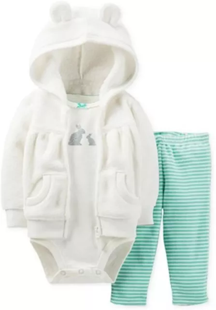 NEW Carters Baby Girls 3 Pc Bunny Bodysuit Cardigan Pants Set - 12M or 24M Size