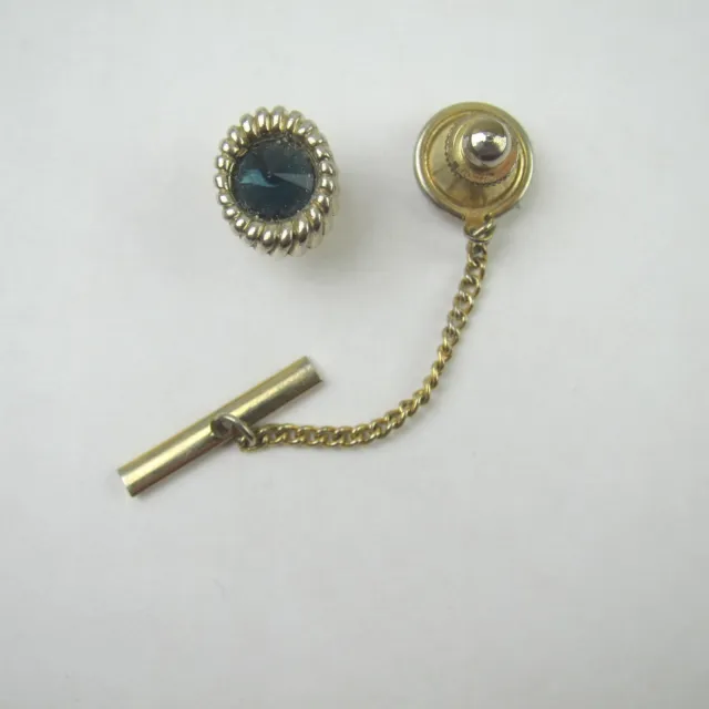 Vintage Tie Tack Lapel Pin Blue Stone Gold Tone Chain Tie Bar