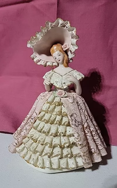 Vintage Porcelain Heiloom of Tomorrow Lace Figurine Lady with Hatin Pink & White