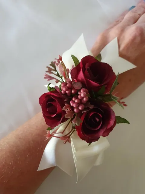 1x Silk Burgundy Rose Greenery Ivory Ribbon Wedding Bridal Flower Wrist Corsage