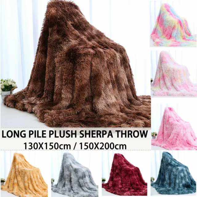 Soft Warm Multicolor Long Pile Plush Sherpa Blanket Faux Fur Throw Shaggy Cover