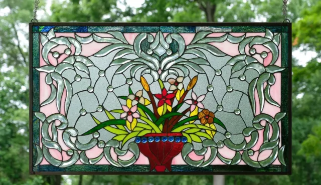 34.5"L x 20.5"H Handcrafted Beveled stained glass window panel Flower 23-143