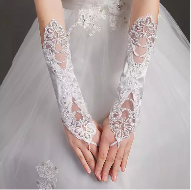 New Fingerless Satin and Lace Wedding Gloves in White Ivory