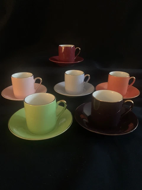 Tasses et sous-tasses, Genevieve Lethu, lot de 6, liseré doré,