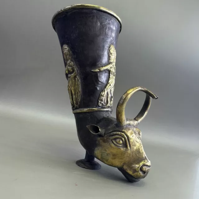 Ancient Achaemenid Near eastern Silver Chalice Rhyton With Protome of Bull