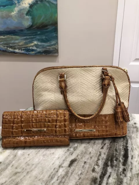 Brahmin Vivian Embossed Croc Tan Leather & Woven Cream Satchel W/Matching Wallet