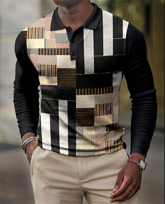 .Men 3D printing Polo Shirt Long sleeve Lapel T shirt Casual Athletic Top
