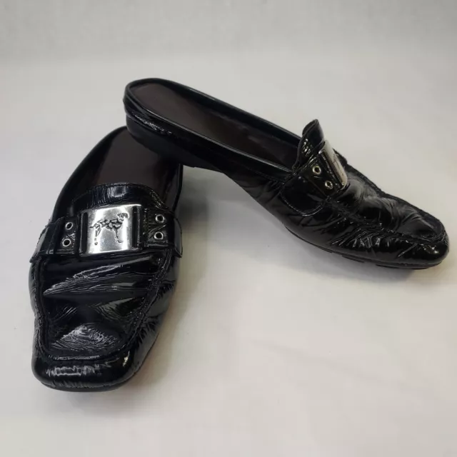 Stuart Weitzman Loafers Women's Size 7 Dog Buckle Horsebit Mules Black Patent