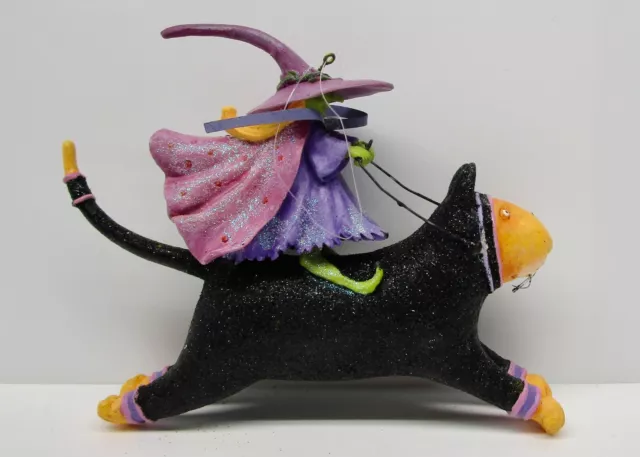 Patience Brewster Dept 56 Krinkles Halloween flying witch on cat ornament