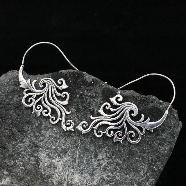 Silver Plated Vintage Afghani Brass Hoops Tribal Mandala Spiral Earrings