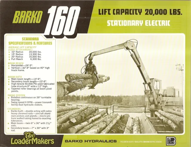 Equipment Brochure - Barko - 160 - Wood Yard Stationary Log Loader 1977 (E1387)