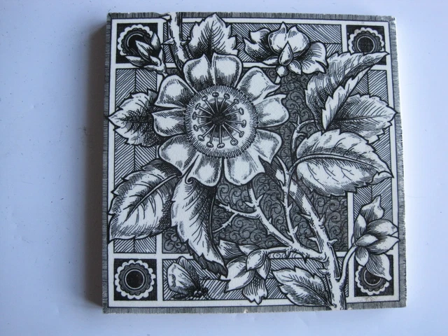 Antique Victorian Aesthetic Arts & Crafts Wild Rose Tile - Craven Dunnill C1882