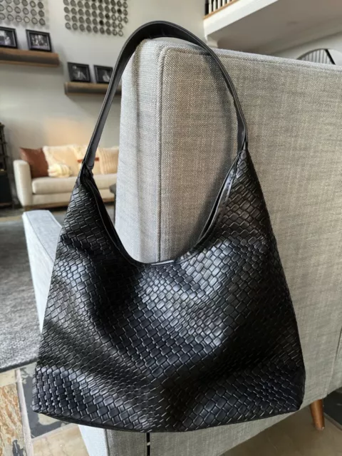 Woven Vegan Leather Hobo Bag Purse Handbag Shoulder Bag For Women Tote BLACK