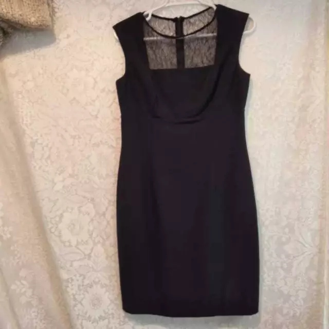 Calvin Klein Womens Sheath Dress Black Sleeveless Lace Illusion Neckline LBD M
