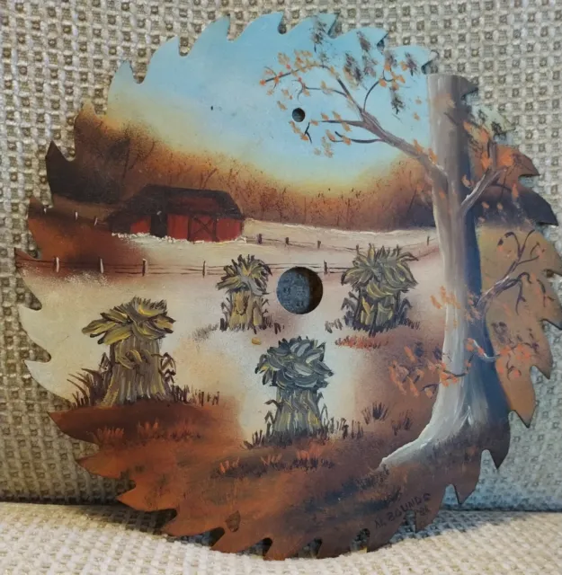 Vtg Hand Painted Saw Blade Country Barn Haystacks Rustic Home Decor 7"