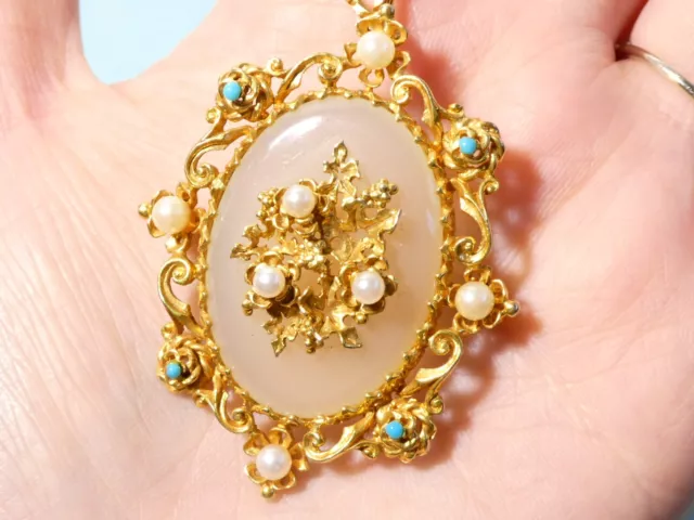 Superb! 9ct Gold Brooch Pendant, Chalcedony Real Pearl & Turquoise 19thc Style